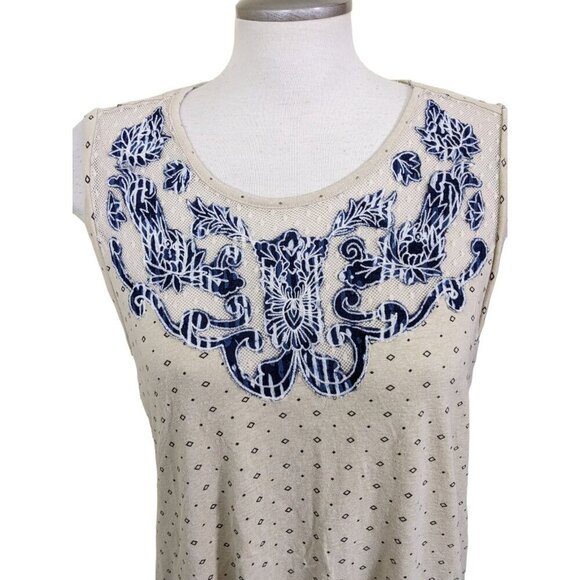 Lucky Brand Tank Top Womens Size XL Linen Blend Beige Blue Applique Diamond Dot - Picture 3 of 8